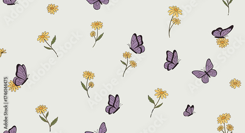 Delicate Purple Butterflies and Yellow Flowers Seamless Pattern.