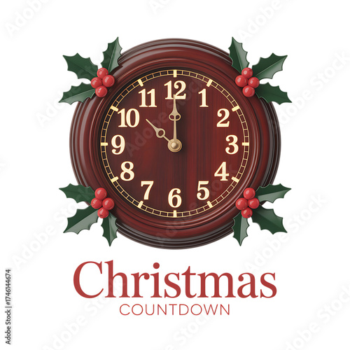 Wooden clock with holly berries and christmas text