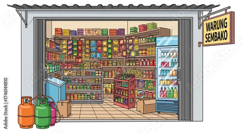 Illustration of a small grocery store, "Warung Sembako", with shelves stocked with various food and household items.