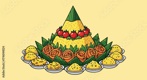 A vibrant illustration of a traditional Indonesian tumpeng, a cone-shaped rice dish, surrounded by side dishes.