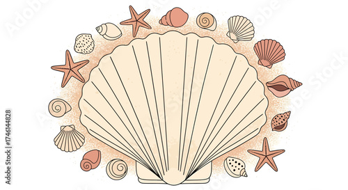 Seashells and Starfish Frame - Beige Scallop with Marine Life Border.