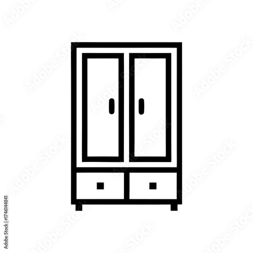 Minimalist line art icon of a wardrobe with two doors, symbolizing storage and organization.