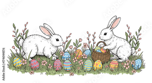 Two Adorable White Bunnies Surrounded by Colorful Easter Eggs and Spring Foliage.