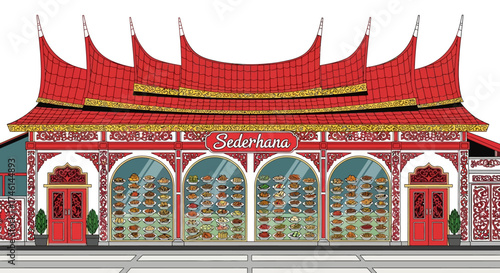 Illustration of a "Sederhana" restaurant facade with a distinctive Minangkabau roof and ornate architectural details.