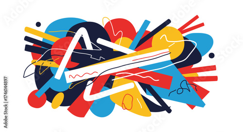 Vibrant abstract art with overlapping geometric shapes, lines, and bold primary colors.