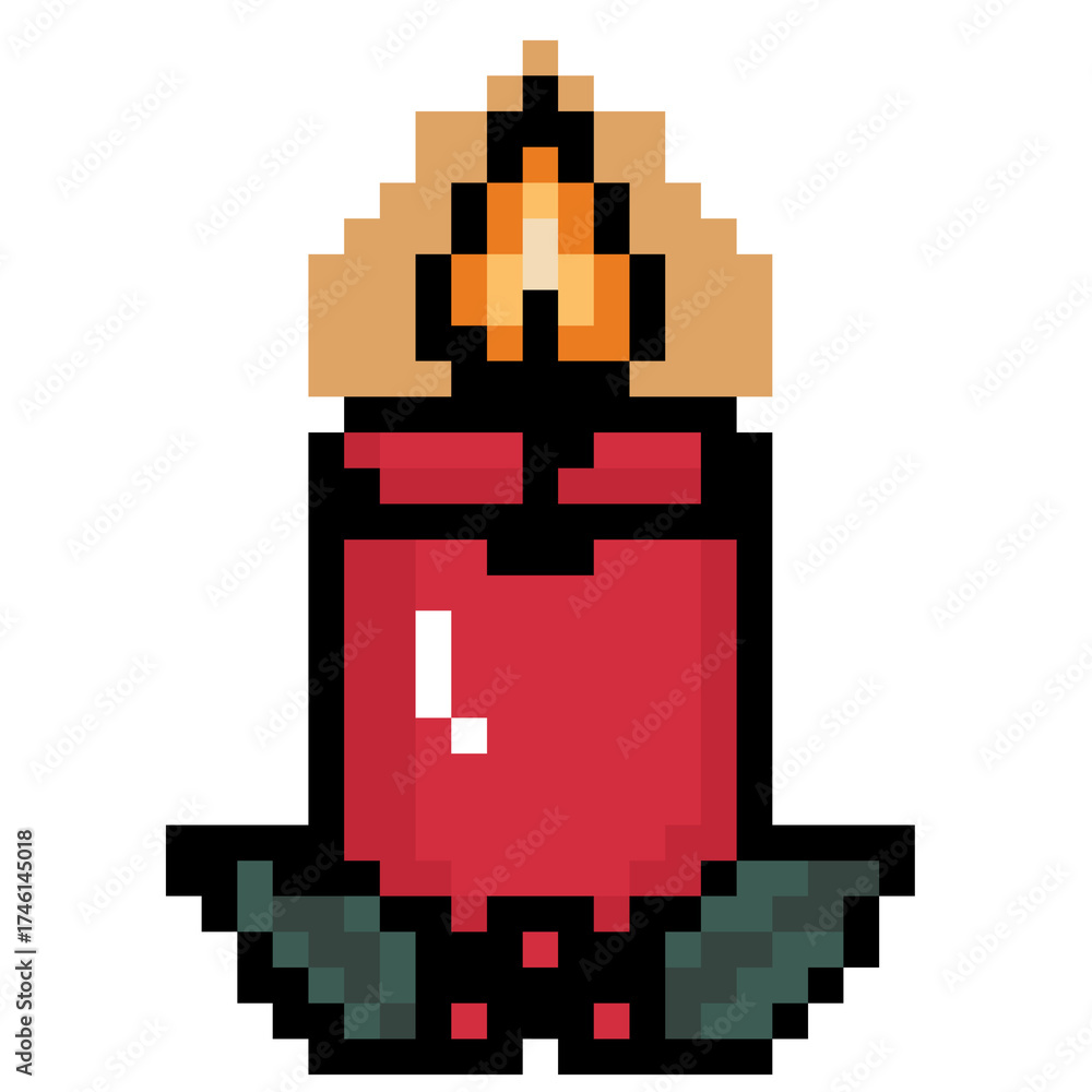 Obraz premium Pixel Art Christmas Red Candle with Flame and Holly Leaves Illustration