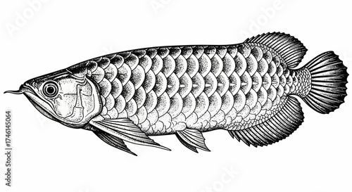 Detailed illustration of an Arowana fish, showcasing its scales, fins, and distinctive elongated body shape.