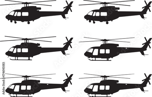 Six sleek helicopter silhouettes for transport and travel projects