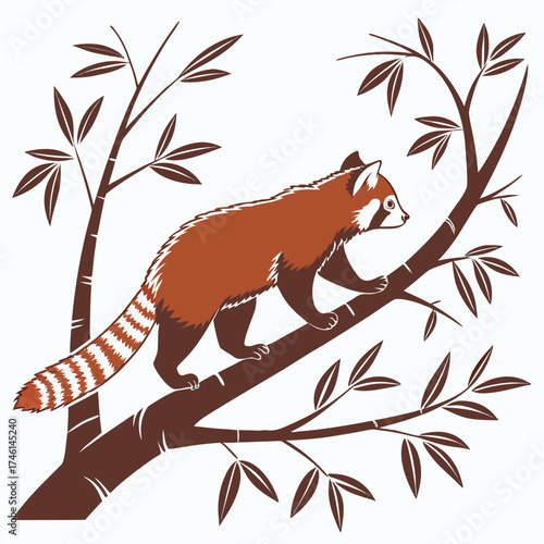 Red panda climbing bamboo branches in stylized illustration