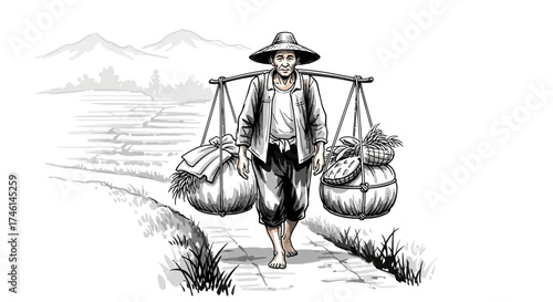 A farmer walks along a path, carrying goods on a shoulder pole, with a rural backdrop.