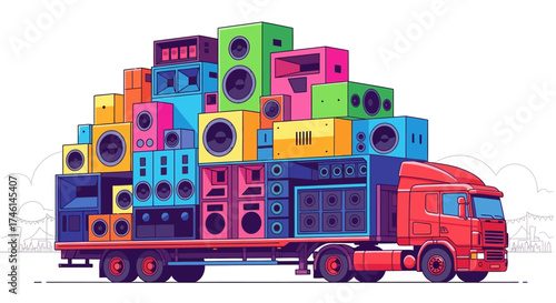 A red truck overloaded with colorful speakers of various sizes and shapes, against a white background.
