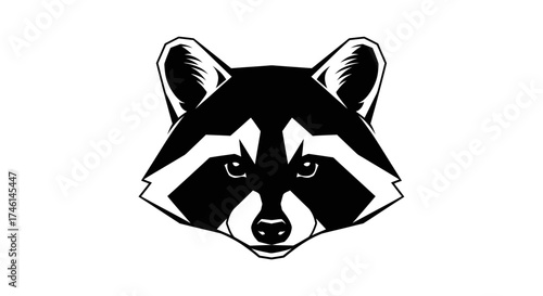 A stylized, graphic illustration of a raccoon's head, featuring bold black and white contrast.