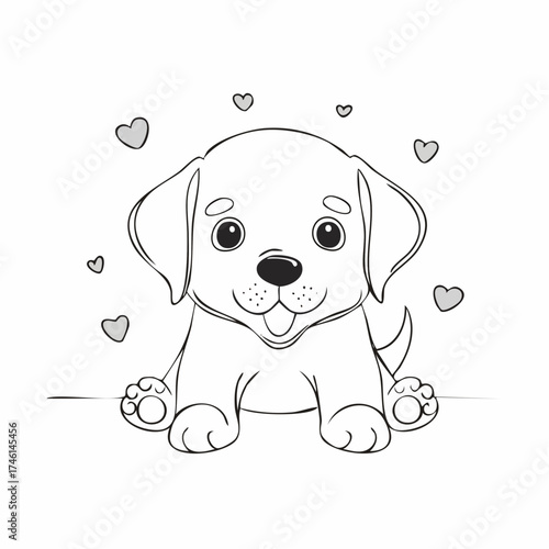 Adorable puppy outline surrounded by hearts, perfect for children's coloring books
