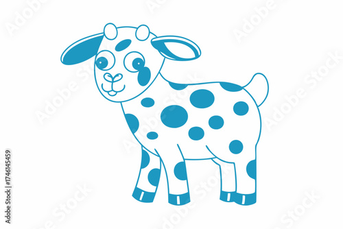 Charming cartoon goat with blue spots cheerfully stands against a bright white background