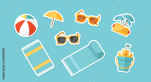 Vibrant summer beach essentials set - colorful ball, umbrellas, sunglasses, towels, hot dog, sand bucket.