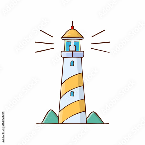 Illustration of a coastal lighthouse with nautical design and guiding light