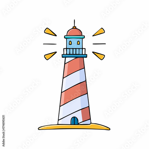 Vibrant cartoon lighthouse illustration on white background with beaming light