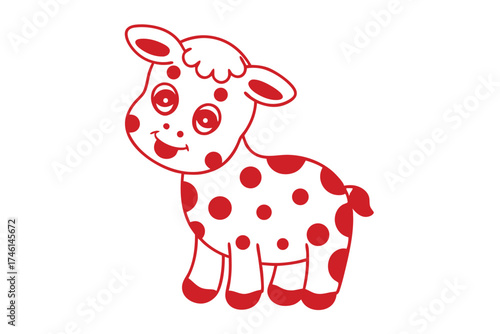 Charming cow outline with whimsical red spots smiles cheerfully on the plain white background