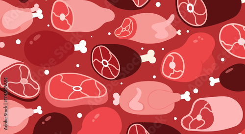 A colorful flat illustration pattern of various raw meat cuts, including steaks, hams, and poultry legs.