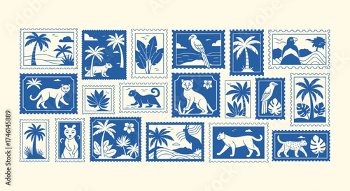 Wallpaper Mural Collection of Blue Tropical Themed Postage Stamps with Animals and Palm Trees. Torontodigital.ca