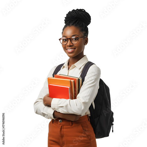 Confident young African American female college student with glasses, backpack, and books smiling