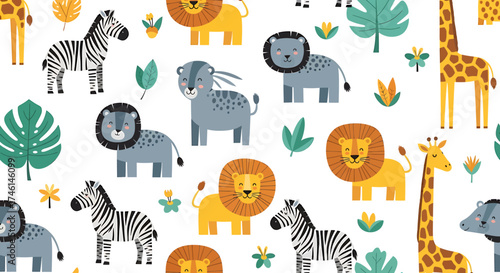 Colorful Cartoon Animals - Lions, Zebras, Giraffes, and Elephants in a Playful Pattern.
