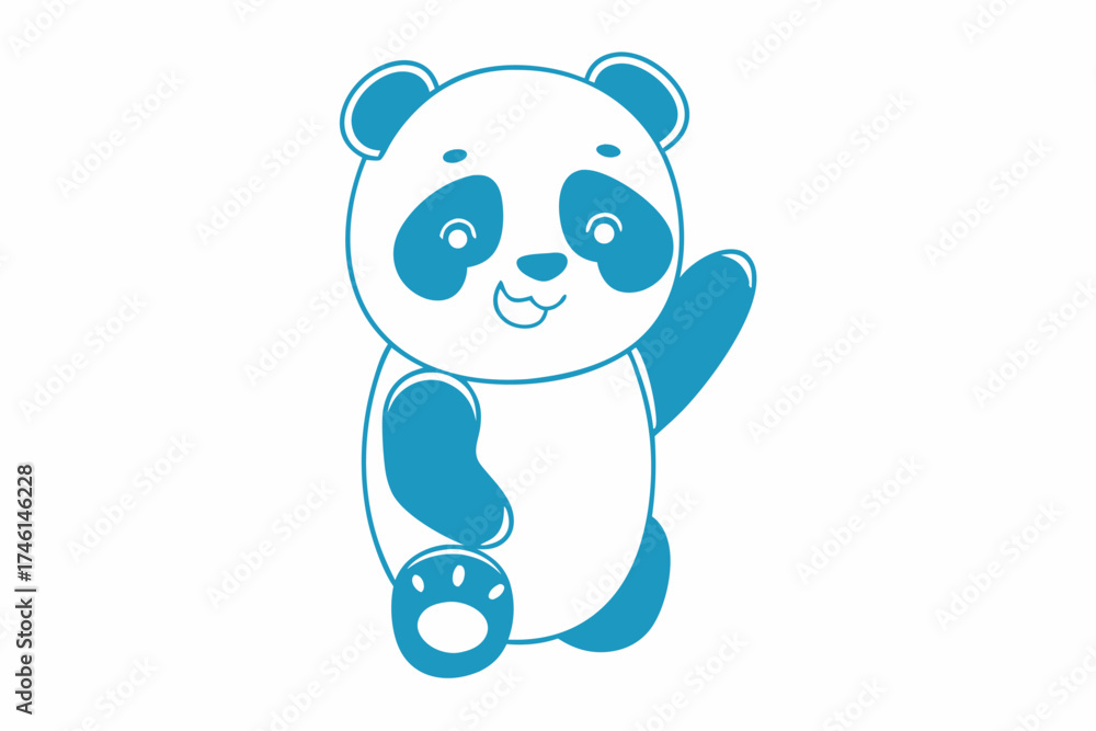 Naklejka premium Cheerful blue panda stands waving happily, isolated on white background, cartoon style