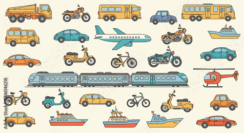 Colorful Collection of Various Cartoon Vehicles, Including Cars, Buses, and Trains.