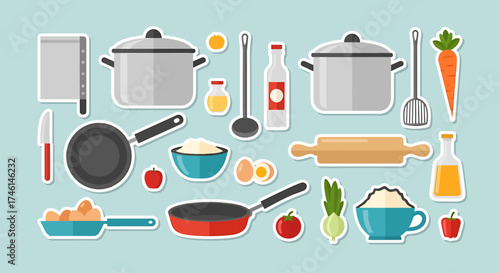 Colorful flat design kitchen utensils, cookware, and fresh ingredients sticker collection.