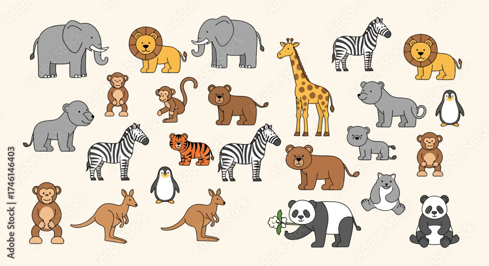 Obraz premium Diverse Collection of Cartoon Safari and Zoo Animals in Various Poses.