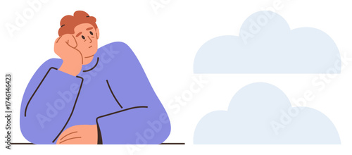 Person resting head in hand, looking at clouds with a pensive expression. Ideal for reflection, imagination, creativity, daydreaming, relaxation, solitude mental health. Simple flat metaphor