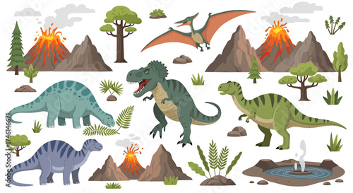 Playful Cartoon Dinosaurs, Roaring Volcanoes, and Lush Prehistoric Flora Fauna Collection.