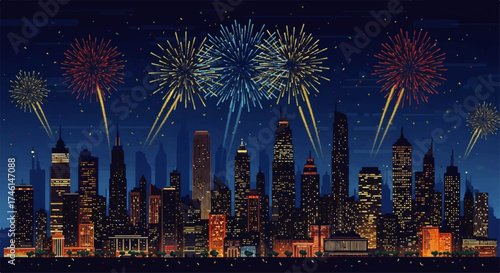 Vibrant City Skyline Illuminated by Festive Fireworks Display.