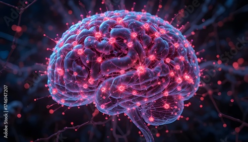 Futuristic Digital Brain with Glowing Neural Network.Artificial Intelligence Brain with Electric Connections.Neural Network Visualization of Human Mind