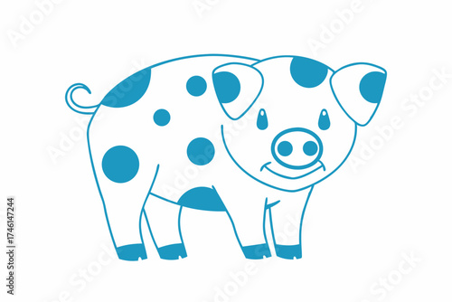 Cute outlined pig with teal spots poses against a clean white background