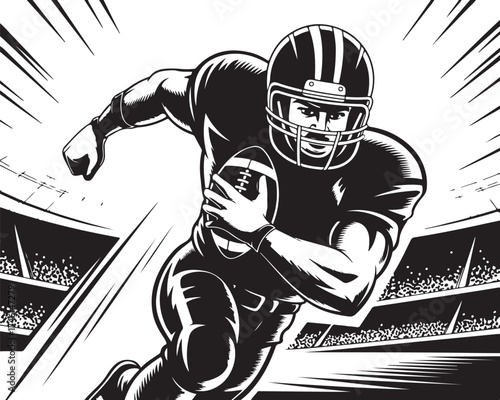 Dynamic football player runs with ball toward victory in stadium
