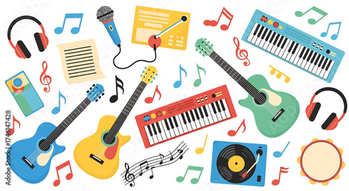 Vibrant cartoon musical instruments and notes, including guitars, keyboards, headphones, microphone, and record player.