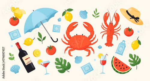 Vibrant Red Crab Illustration, Top-Down View, Detailed Claws, Summery Style.