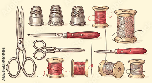 Vintage Sewing Tools Collection - Scissors, Thimbles, Spools, and Needles Illustration.