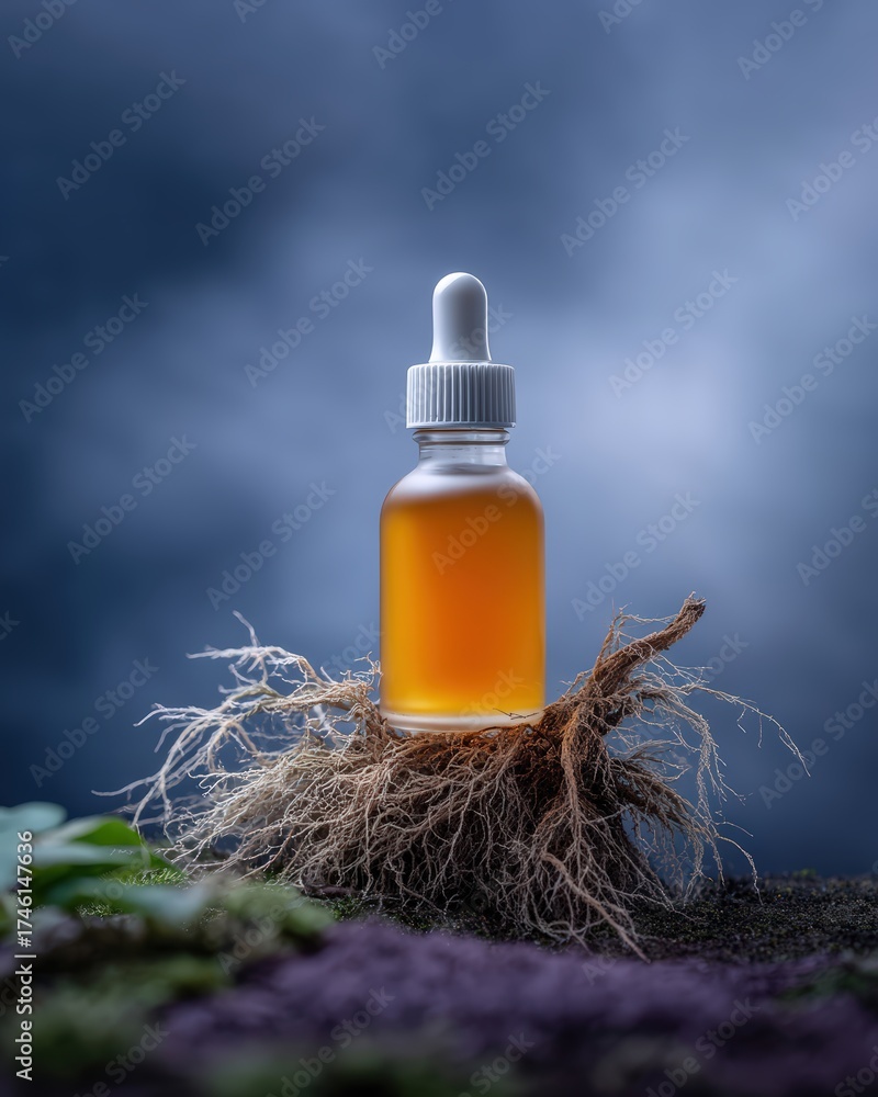 Fototapeta premium A bottle of glowing sulfur-orange serum rests on cool moss the color of midnight violet, with wisps of smoke and pale root tendrilsâ€”unnatural fire in a cursed hollowâ€”