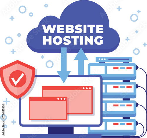 Flat design illustration of a website hosting service with servers and network connections