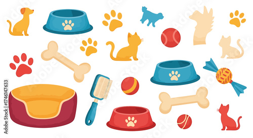 Collection of Cartoon Dog and Cat Accessories, Toys, and Bowls.