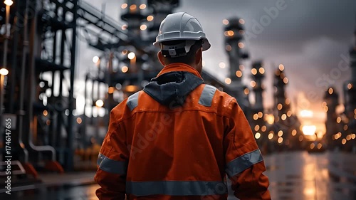Industrial Worker Wearing Helmet and Jacket at Refinery Site