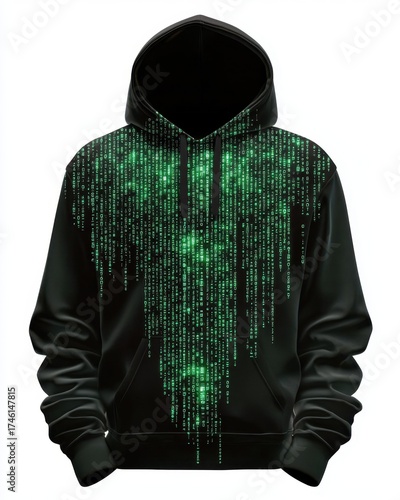 Stylish black hoodie featuring flowing green binary code.