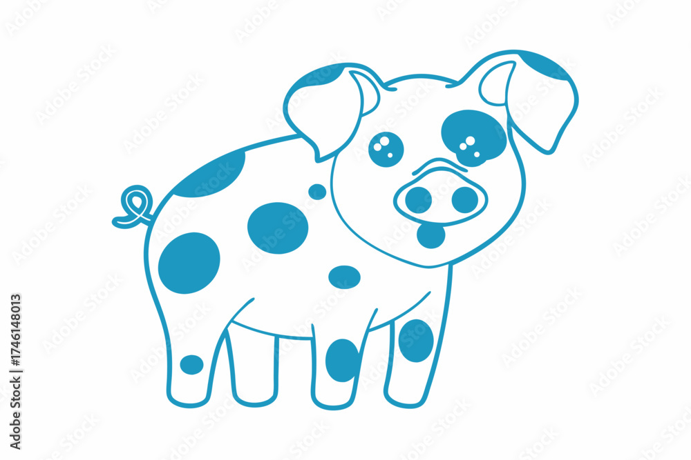 Fototapeta premium Outlined blue drawing showing a spotted pig facing forward against a plain white background