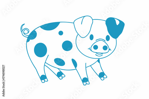 Outlined cartoon pig with blue spots shows a happy and inviting animal
