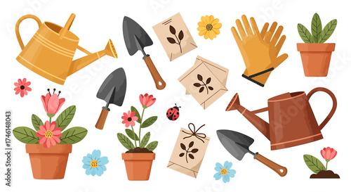 Gardening Tools and Supplies - Colorful Pots, Trowels, Watering Cans, and Gloves.