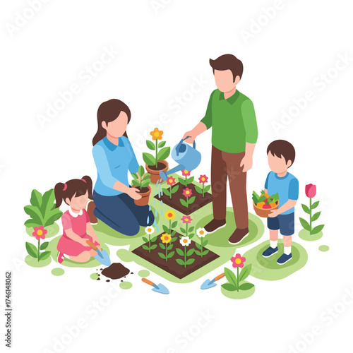 Happy family gardening together, planting flowers in sunny backyard space