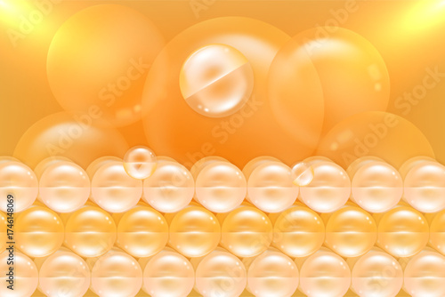 Hyaluronic acid and Niacinamide skin solutions ad, gold collagen serum drops into skin cell with cosmetic advertising background ready to use, illustration vector.