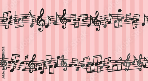 Musical Notes Border on Pink Striped Background.